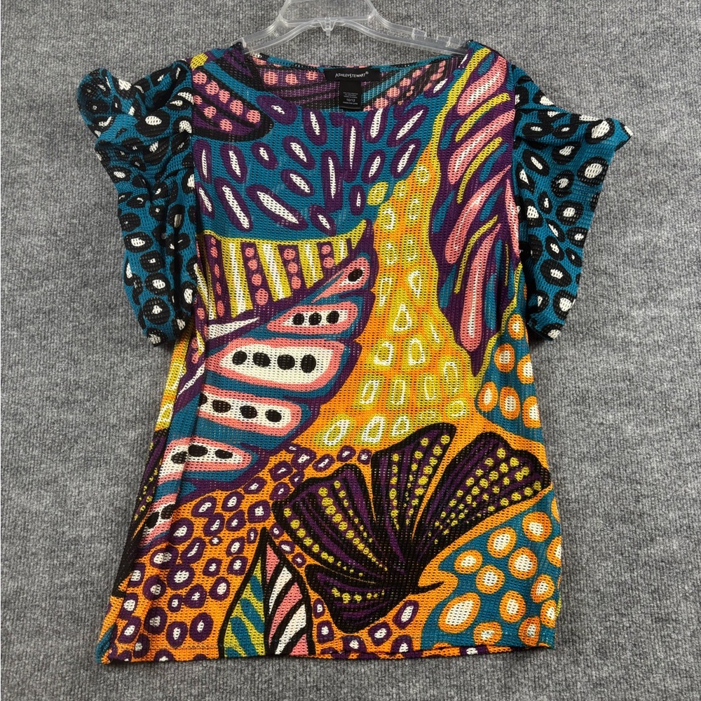 Ashley Stewart Colorful Abstract Mesh Puff Sleeve Top Size 10 12 Y2K